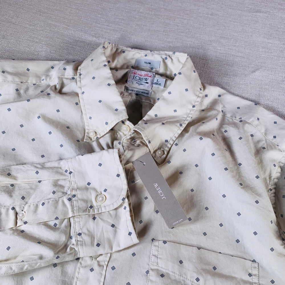 New J.Crew Slim Mens Button Down Shirt L Yellow Diamond Print Long Sleeve Cotton